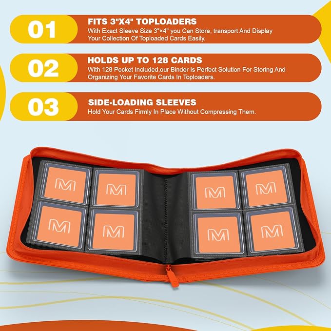 Toploader Binder,4-Pocket Side Load Trading Card Album, Holds 128 Cards with Double-Sided Pockets for MTG, Sports Cards, Top Loader Storage