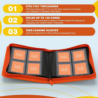 Toploader Binder,4-Pocket Side Load Trading Card Album, Holds 128 Cards with Double-Sided Pockets for MTG, Sports Cards, Top Loader Storage