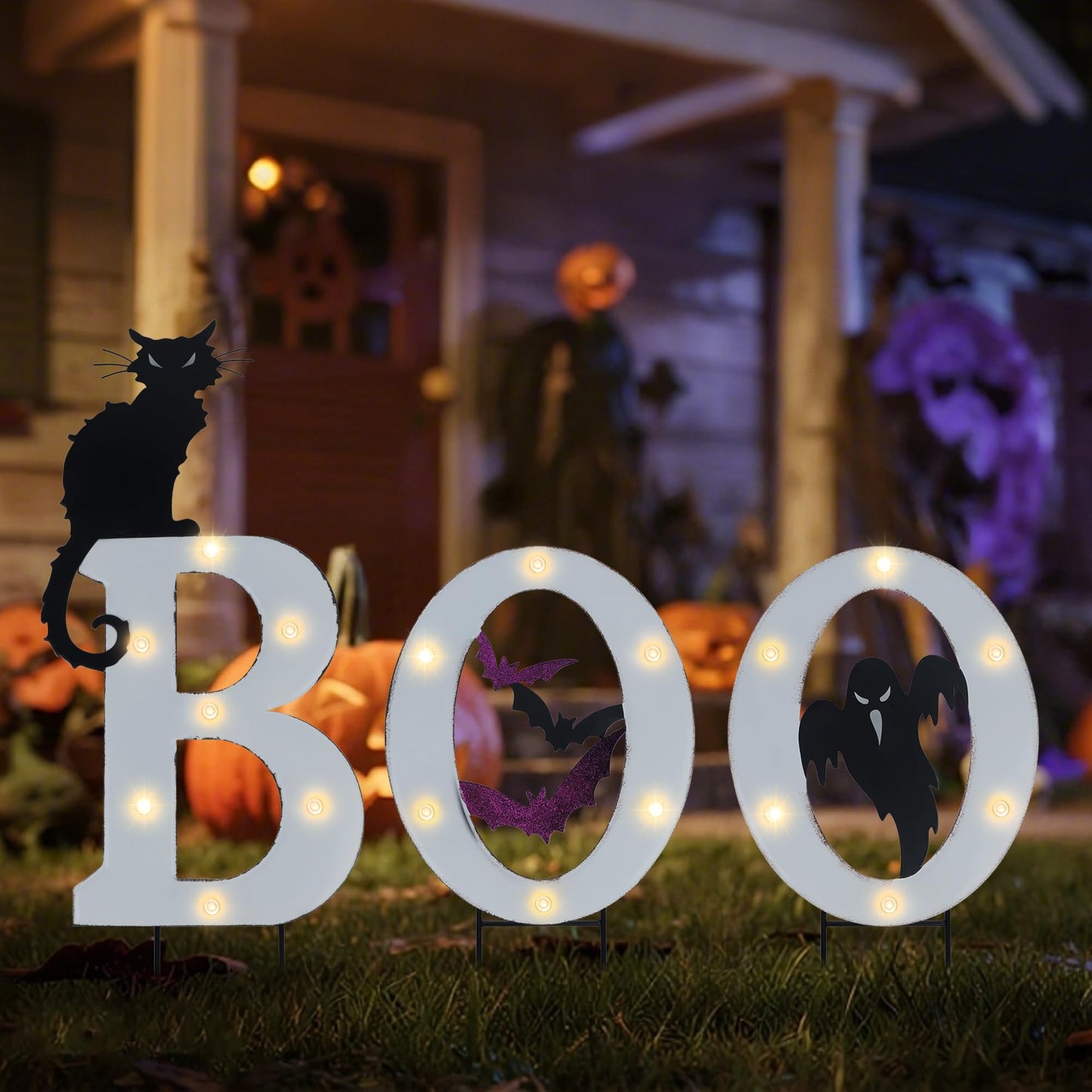 Prsildan 3 Pack Halloween Decorations Outdoor -Solar Powered Lighted Boo Yard Sign with Bats, Cat & Ghost, Waterproof Metal Lawn Stakes for Front Yard, Porch, Garden - Spooky Halloween Party Decor