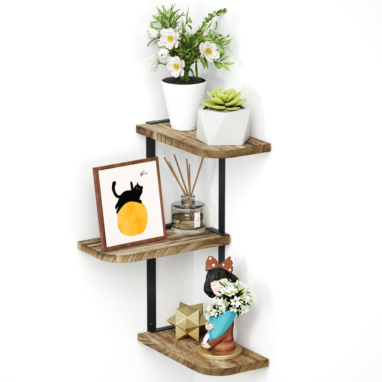 Love-KANKEI Corner Shelf Wall Mount of 3 Tier Rustic Wood Floating Shelves for Bedroom Living Room Bathroom Kitchen Office and More Carbonized Black