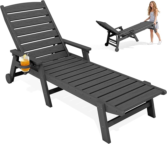 KINGYES HDPE Lounge Chair Outdoor, Patio Chaise Lounge Recliner