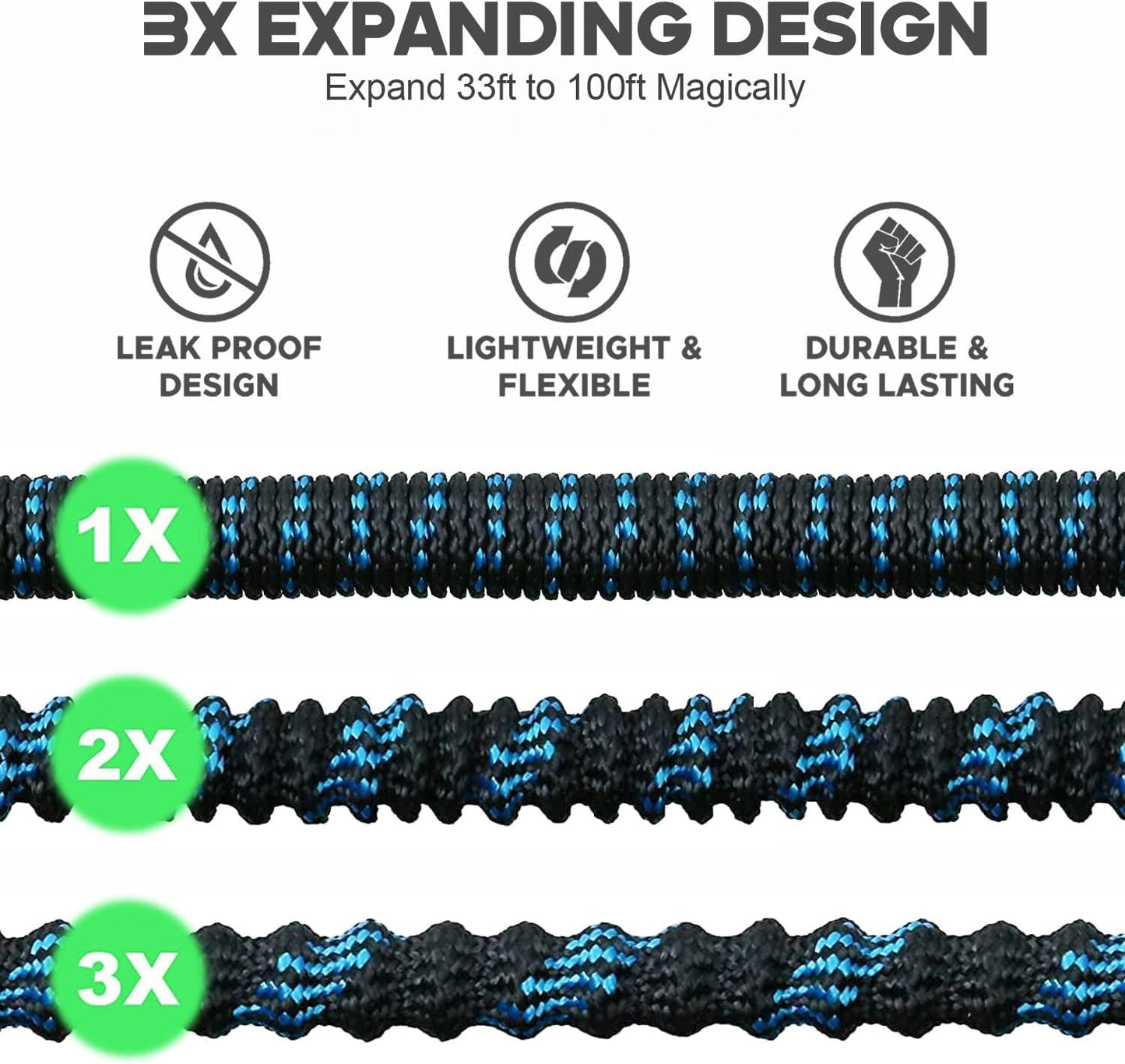 Expandable Garden Hose 50FT-Expanding Water Hose with Thumb-Controlled 10 Spray Nozzles&3750D Outer Fabric, Durable Collapsible Latex Core, Ultra Lightweight & Flexible