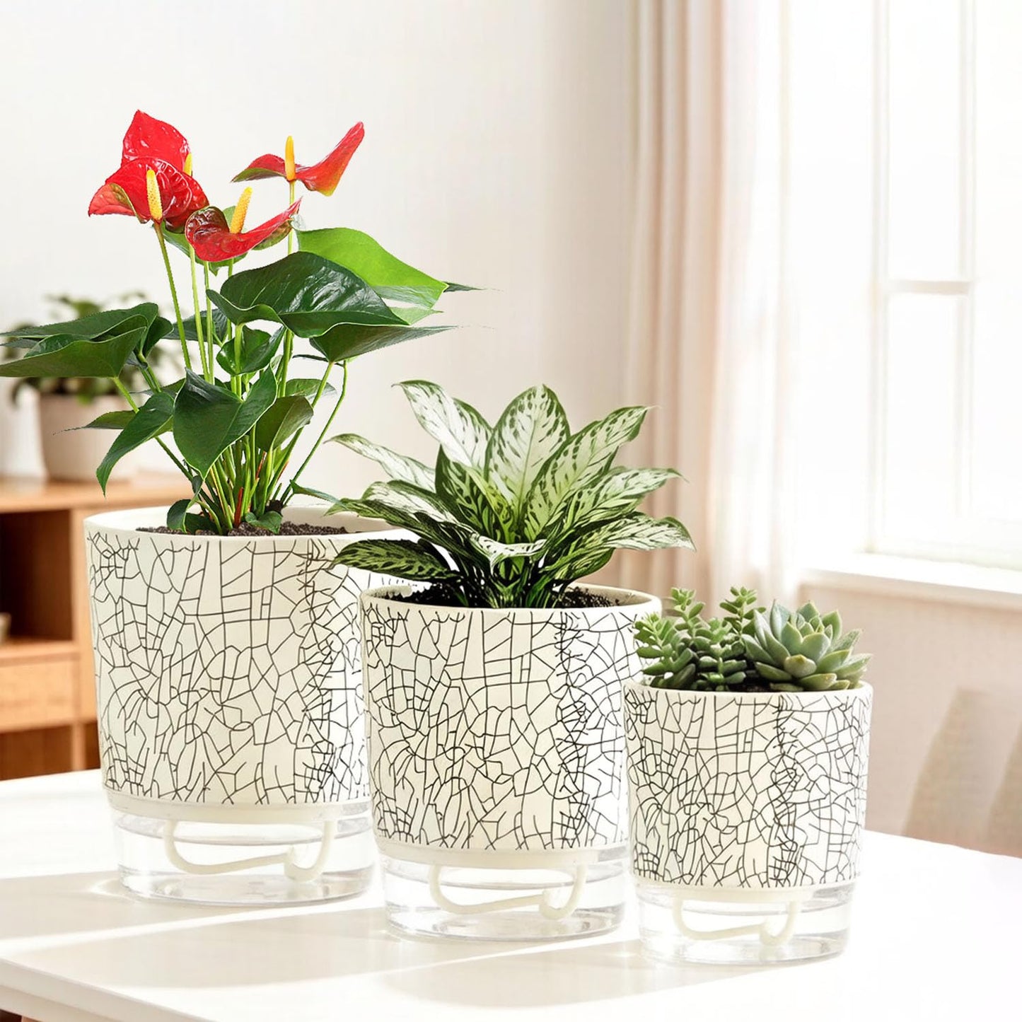 XKYQSY 3 Pack 4.3+5.5+6.3 Inch Self Watering Pots Set, Self Watering Planter with Reservoir and Wick Rope for Indoor/Outdoor Plants, Modern Houseplants Pots for African Violets,Cactus,Herbs,Succulents