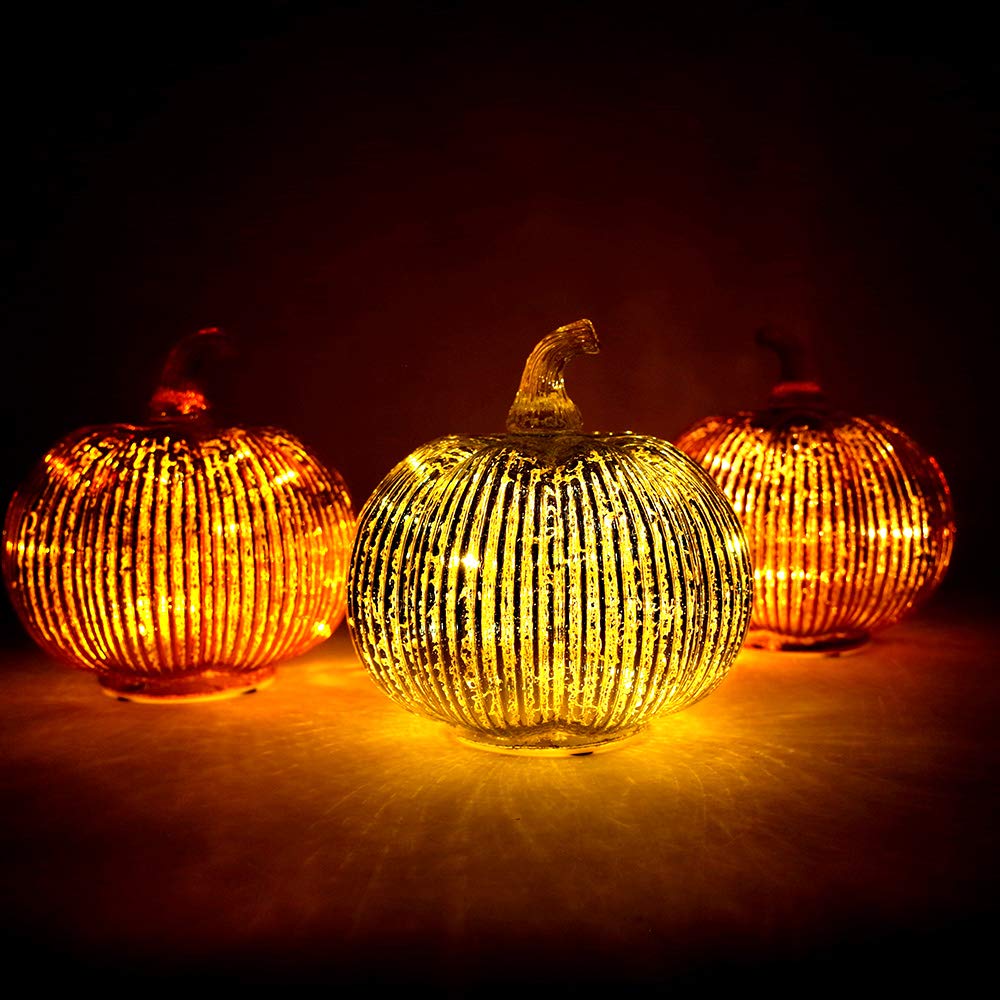 hvfun Mercury Glass Light Up Pumpkin with Timer, Fall Decoration for Home, Silver Halloween Festive Decor Lamp