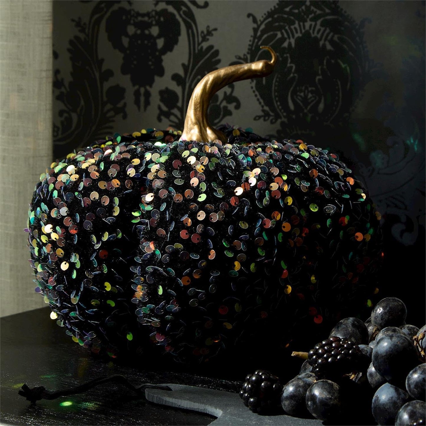 Two's Company Iridescent Sequin Pumpkin Figurines, 9.5-Inch, Plastic, Black, Set of 2
