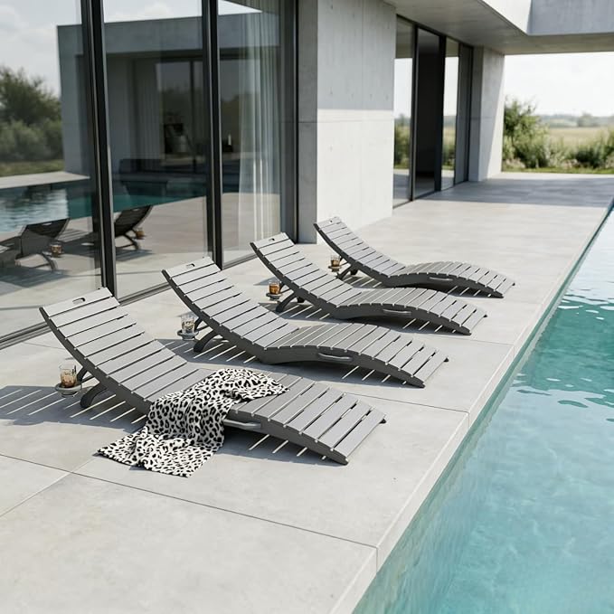 Folding HDPE Pool Lounge Chairs Set of 4, Pre-Assembled Outdoor Chaise Lounge