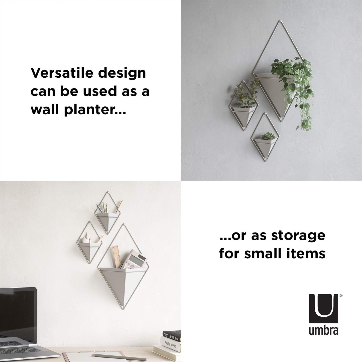 Umbra Trigg Hanging Planter Vase Wall Decor, Pot and Container for Succulents, Cactus, Faux Plants, and More, Large, White/Nickel
