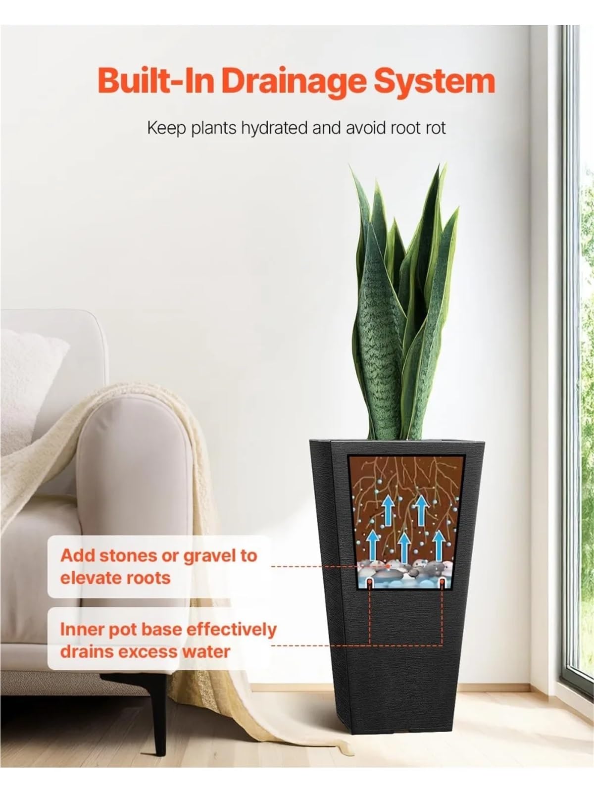 UXALoH6 Tall Planter Set of 2, 22inch, Large Planters for Outdoor Indoor Plants, Black Front Porch Flower Tree Plant Pots
