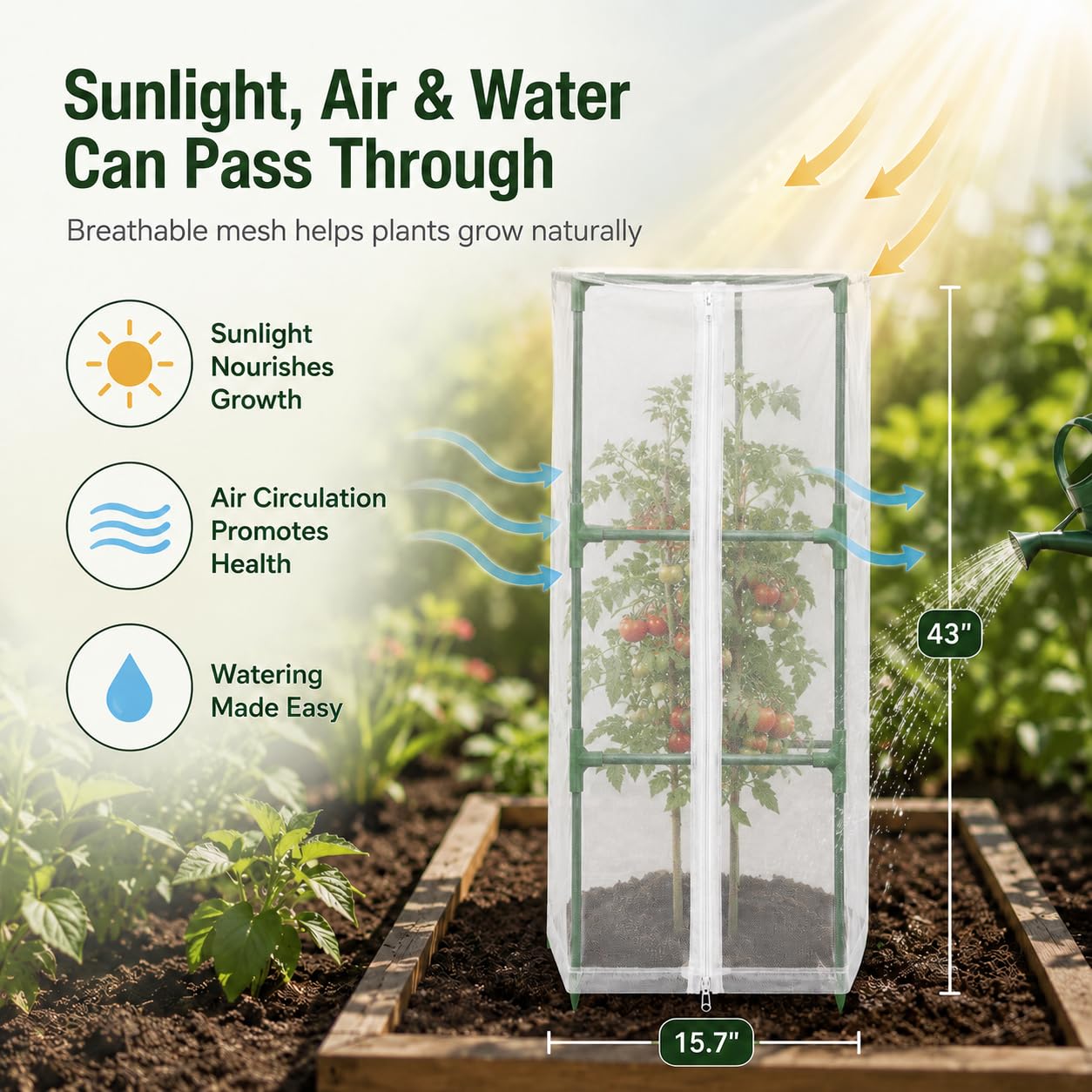 Halatool Garden Tomato Plant Cover Netting, Fits 40–50" Tall Square Tomato Cages, Garden Bird Netting with Zipper & Drawstring, Insect Barrier, Plant Covers from Insects Animals, 2 Pack, 43"×15.7"
