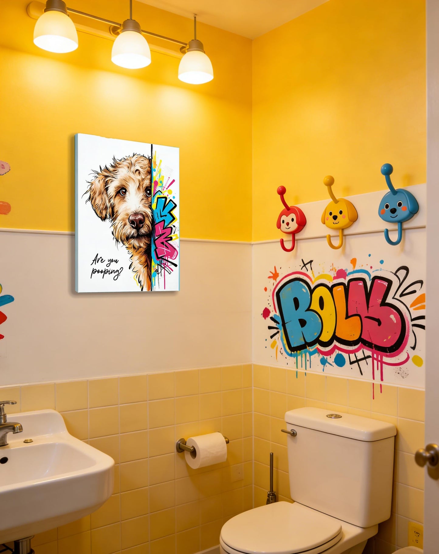 12x16“ Funny Goldendoodle Dog Bathroom Wall Art, Are You Pooping? Graffiti Pet Canvas Print, Humorous Restroom Poster Decor for Bathroom Toilet, Modern Pop Art Dog Lover Picture (Framed)