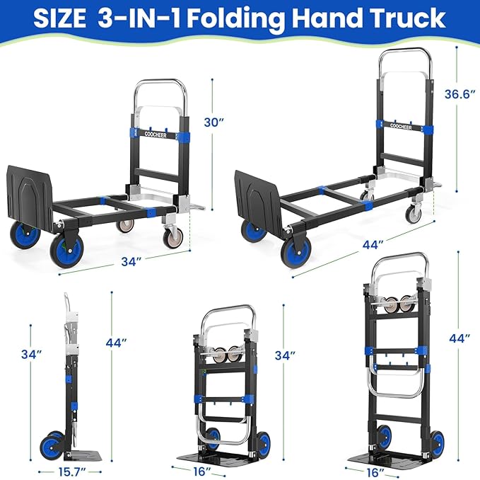 3-in-1 Folding Hand Trucks, 600Lbs Convertible Hand Truck Dolly, Heavy Duty