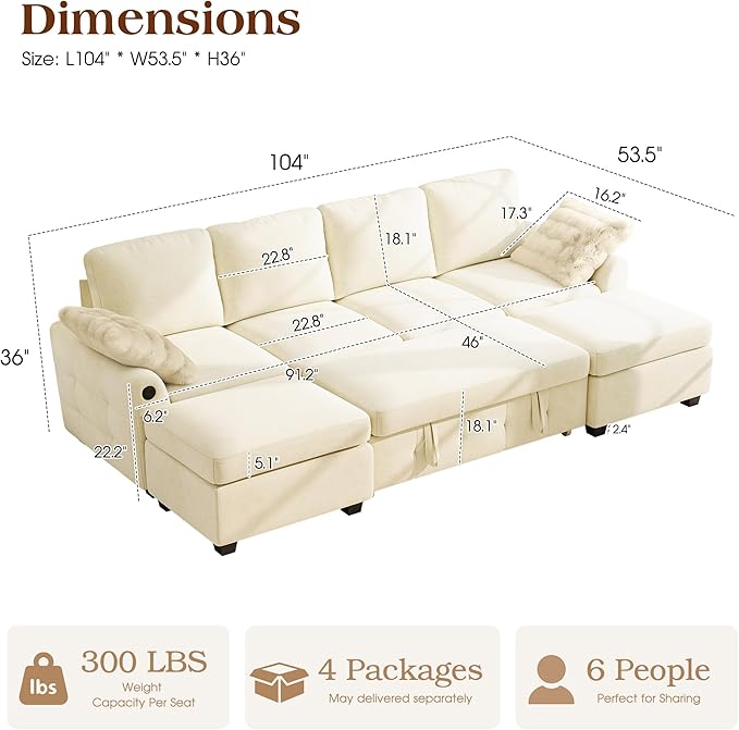 Ihanherry L-Shaped Sectional Sofa Bed, 6-Seater Convertible Pull Out Sleeper