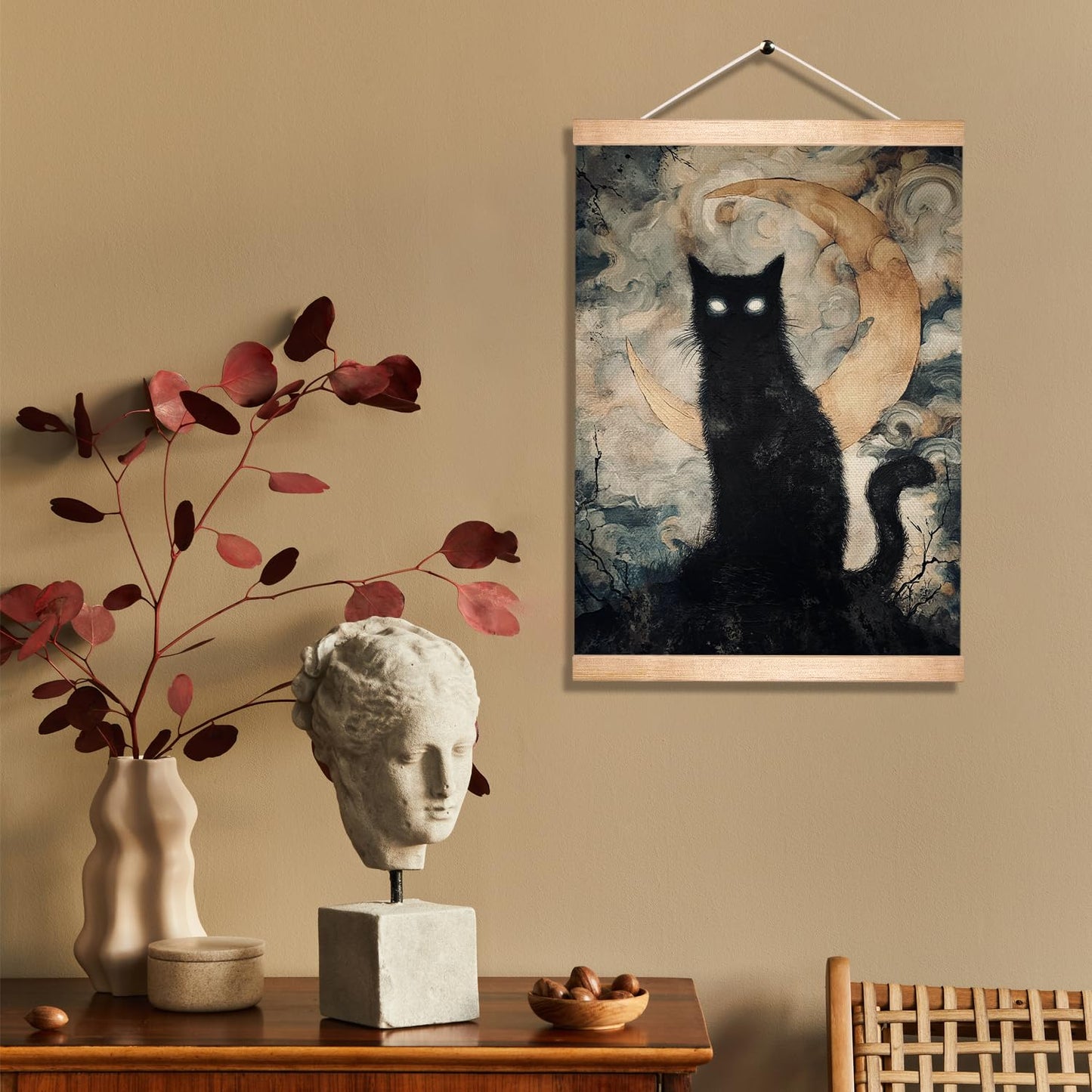 HEYJEEPER Halloween Black Cat Wall Art Hanging Poster 14x18In, Gothic Cat with Glowing Eyes and Crescent Moon Canvas Print, Spooky Witchy Wall Décor, Dark Academia Gothic Artwork for Haunted House Bedroom