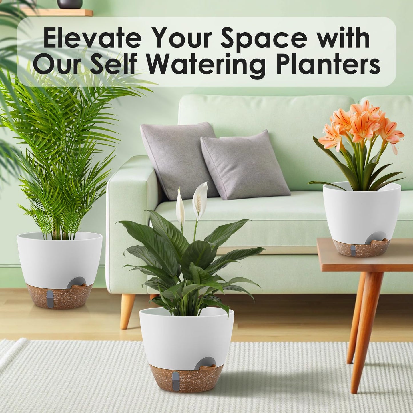 QRRICA 12/10/9 Inch Self-Watering Plant Pots with Water Level Indicator, Drainage Holes & Saucers – Large Plastic Planter Set for Indoor & Outdoor Plants (White)