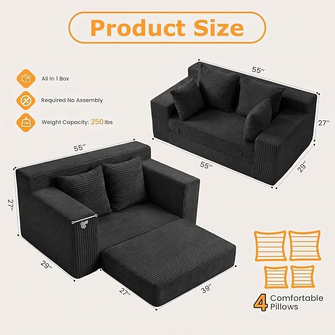 55" Small Boneless Couch, 3-in-1 Boneless Loveseat Sleeper Sofa Bed Convertible