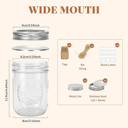 CycleMore 16oz Embossed Glass Mason Jars with Two Types of Lids – Set of 6 | One-Piece & Stainless Steel Split Lids. BPA-Free & Durable Glass. Dishwasher Safe. Non-Slip Grip. Vintage Style.