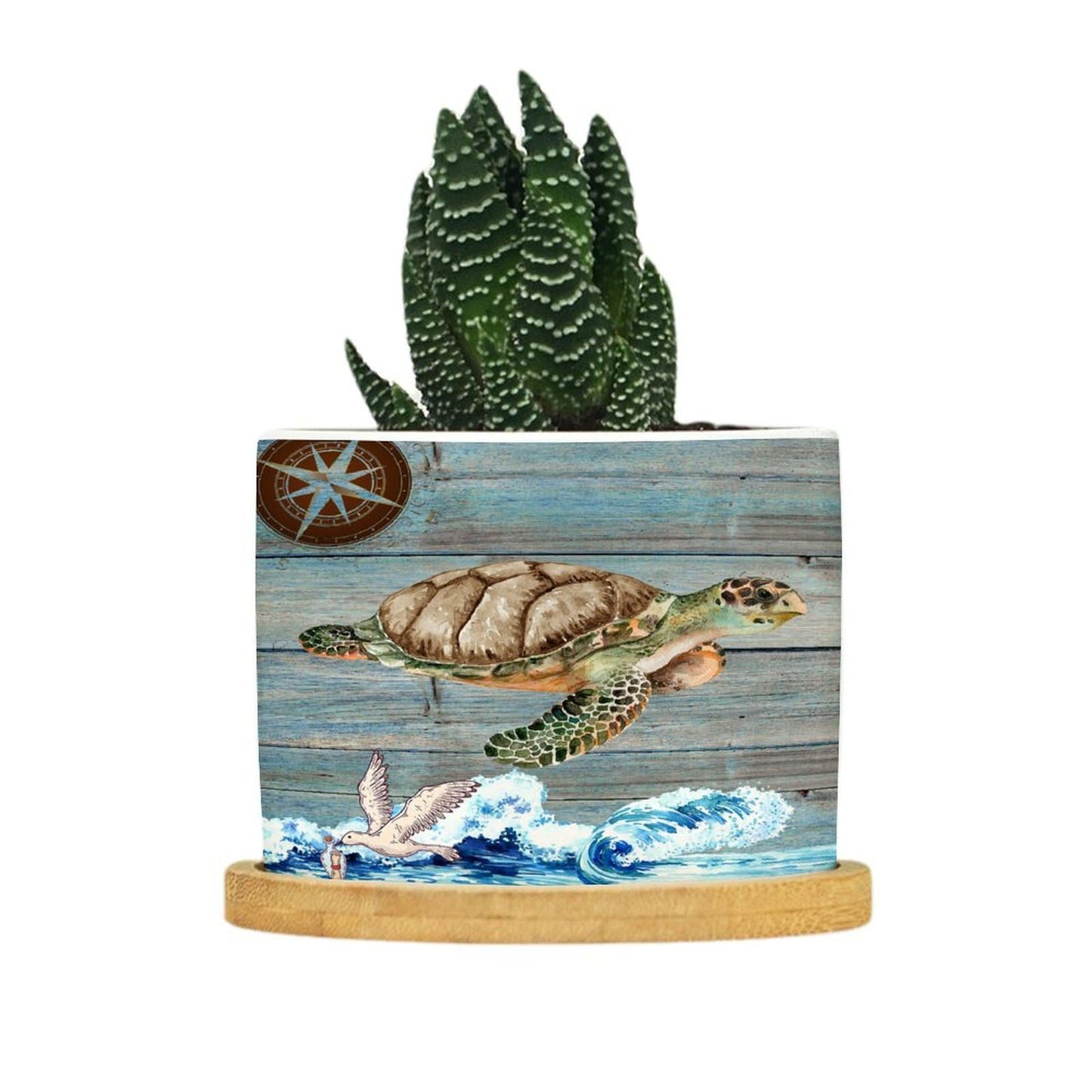 DreamAutumn Ocean Theme Sea Turtle Ceramic Pots for Plants with Drainage Holes Round Flower Pot Bamboo Tray Orchid Pot Succulents Pots for Outdoor Indoor Plants,Housewarming Gifts