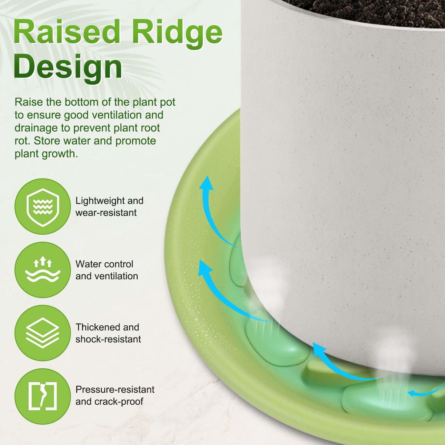 M METERXITY 2-Pack Plant Saucers, 7.3 Inch ID Anti-Rot Root Resin Flower Pot Plant Saucers for Indoor/Outdoor, Flowerpot Drip Tray [9.4 Inch OD, Fruit Green]