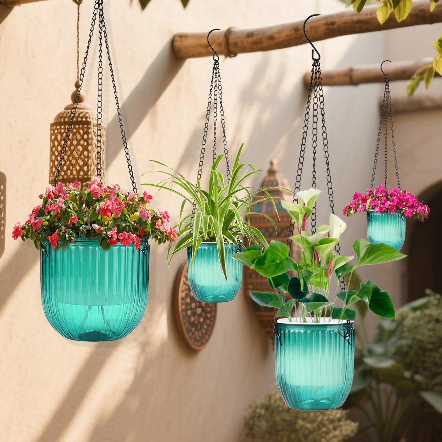 JxyHauteresce 4 Pack Self Watering Hanging Planters with Drainage Holes –Hanging planters for Indoor Plants, Flowers, Succulents – Lightweight, Durable Hanging Baskets Green