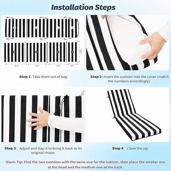 2 Pcs Outdoor Chaise Lounge Cushion 72" x 21" x 3", Folding Patio Lounge Chair