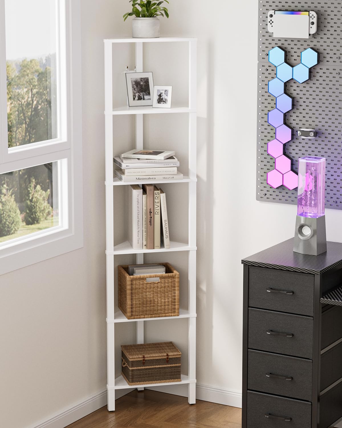 Apetaccat Corner Shelf, 6-Tier Corner Bookshelf, Narrow Display Shelf with Storage Rack,Wood Corner Book Shelf for Living Room, Bedroom, Office, White