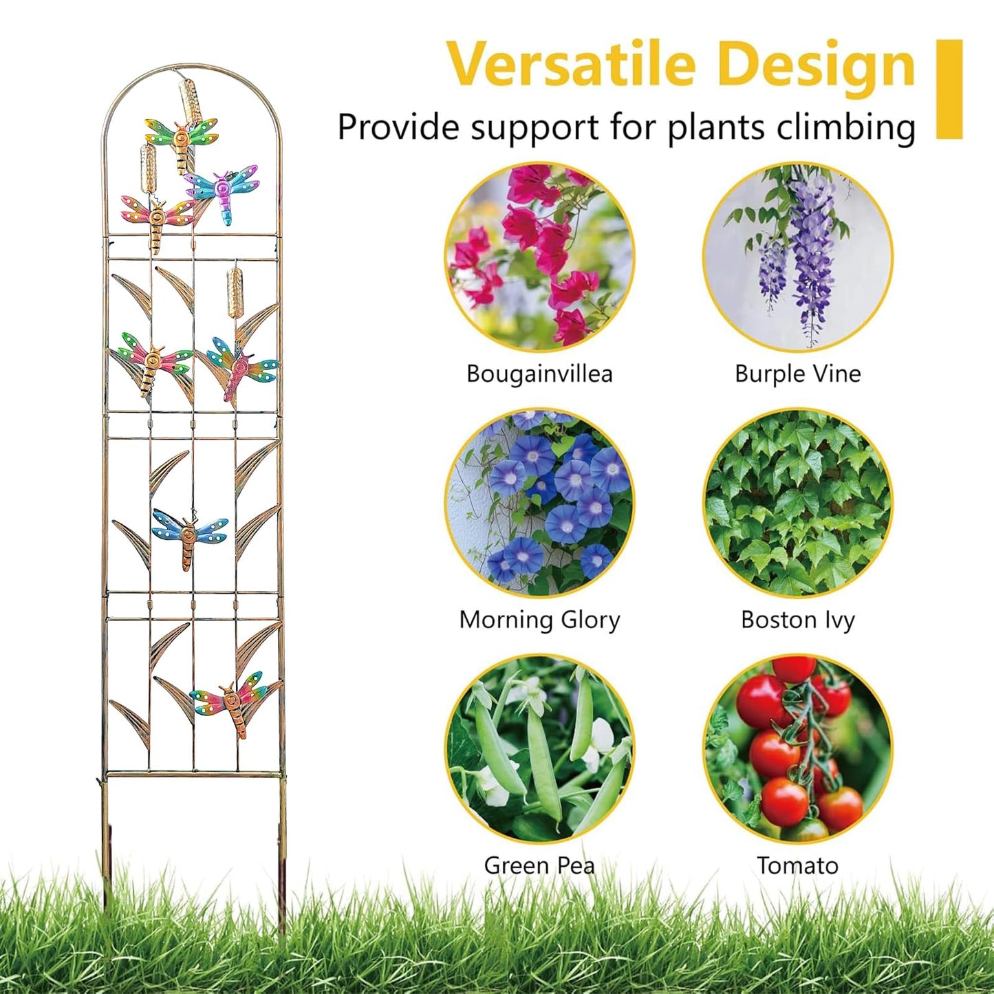 aboxoo Set of 4 Packs Dragonfly Metal Garden Trellis for Climbing Plants,Outdoor Decorative Flowers Arch Fence Trellis for Outdoor Patio,Garden,Lawn,Yard,Backyard,Wall Brackets,60'' H x 11'' W