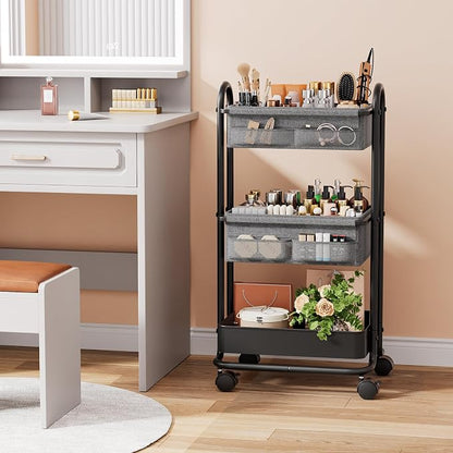 Modanais Baby Diaper Caddy Organizer Cart - 3 Tier Rolling Storage Cart with Wheels, Baby Essentials for Nursery Storage, Detachable Dividers - for Crib, Bedroom, Art & Craft Organizer (Black)