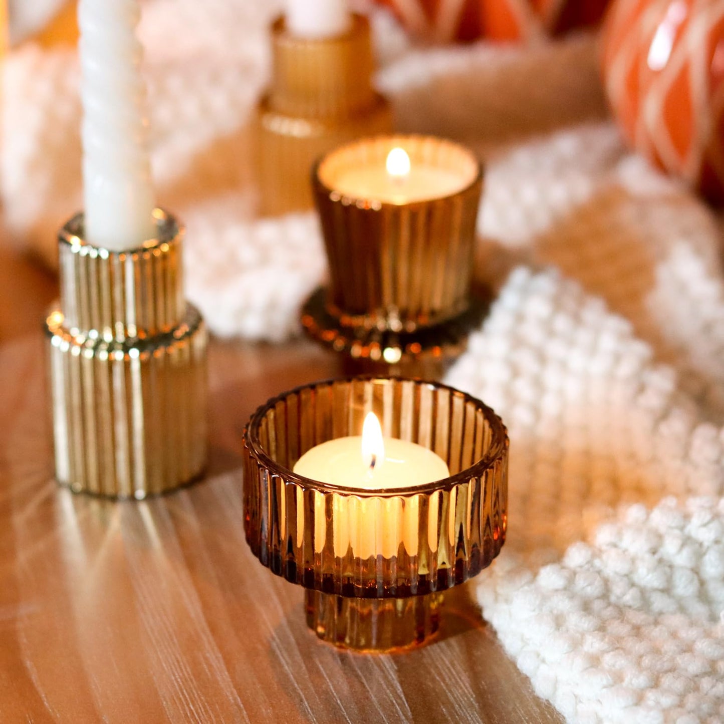 SYFURNIX Gold Candlestick Holders 12PCS Ribbed Glass Taper Candle Holders Set for Tealight Candlestick Candles, Table Centerpieces for Thanksgiving Christmas Farmhouse Decor Indoor and Outdoor