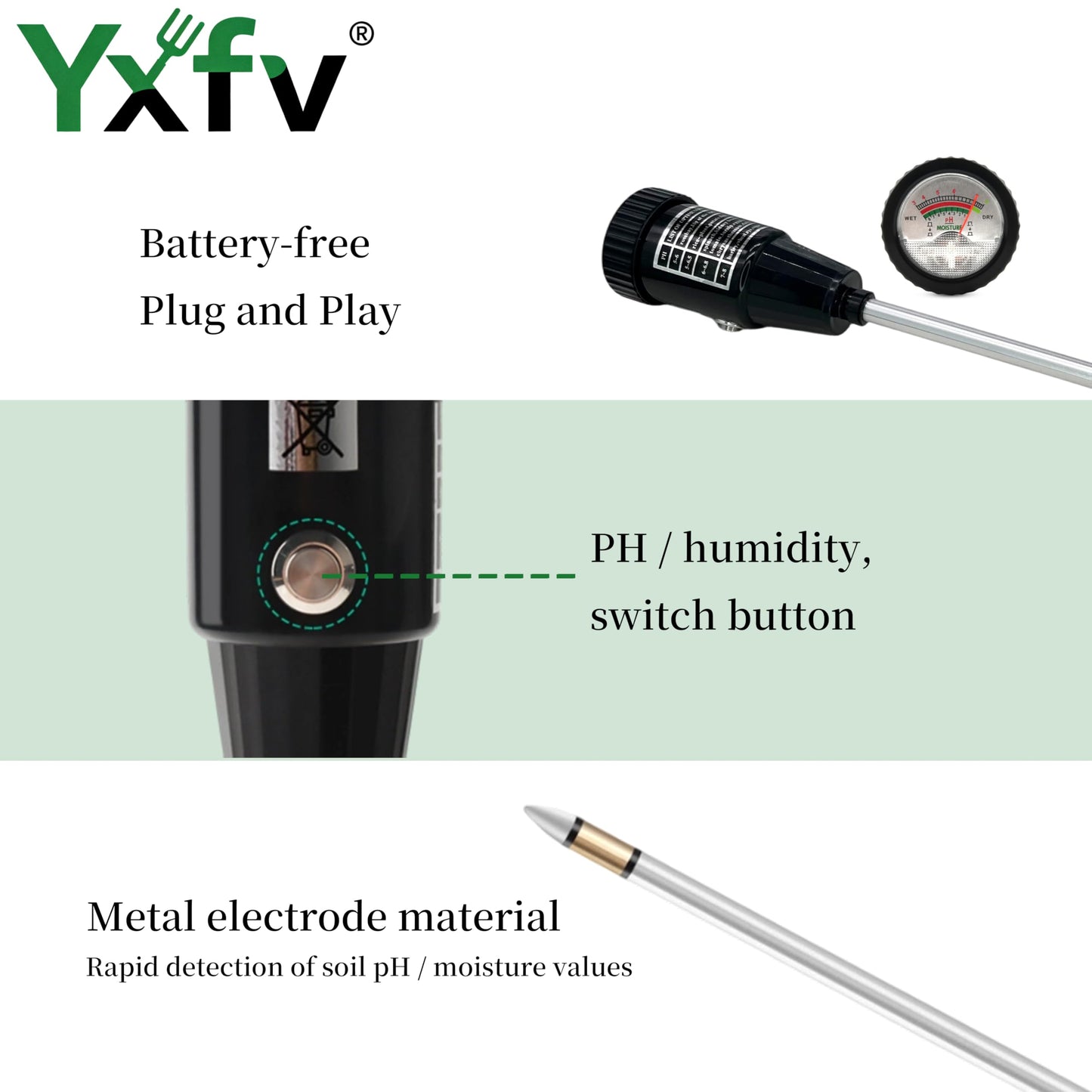 YXFV 2-in-1 Soil PH Tester Gardening Tool, Soil Moisture & Light Meter with Long 11.6’’ Probe, No Battery Needed, for Garden, Lawn, Farm, Indoor & Outdoor Plants Care