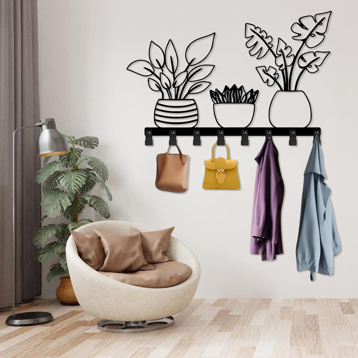 Metal Planter Coat Rack, Rustic Vase Wall Mounted, Botanical Flower Wall Mounted, Flower Key Hat Clothes Hooks, Nature Home Decor (Black, 29"x48"|74x121cm)