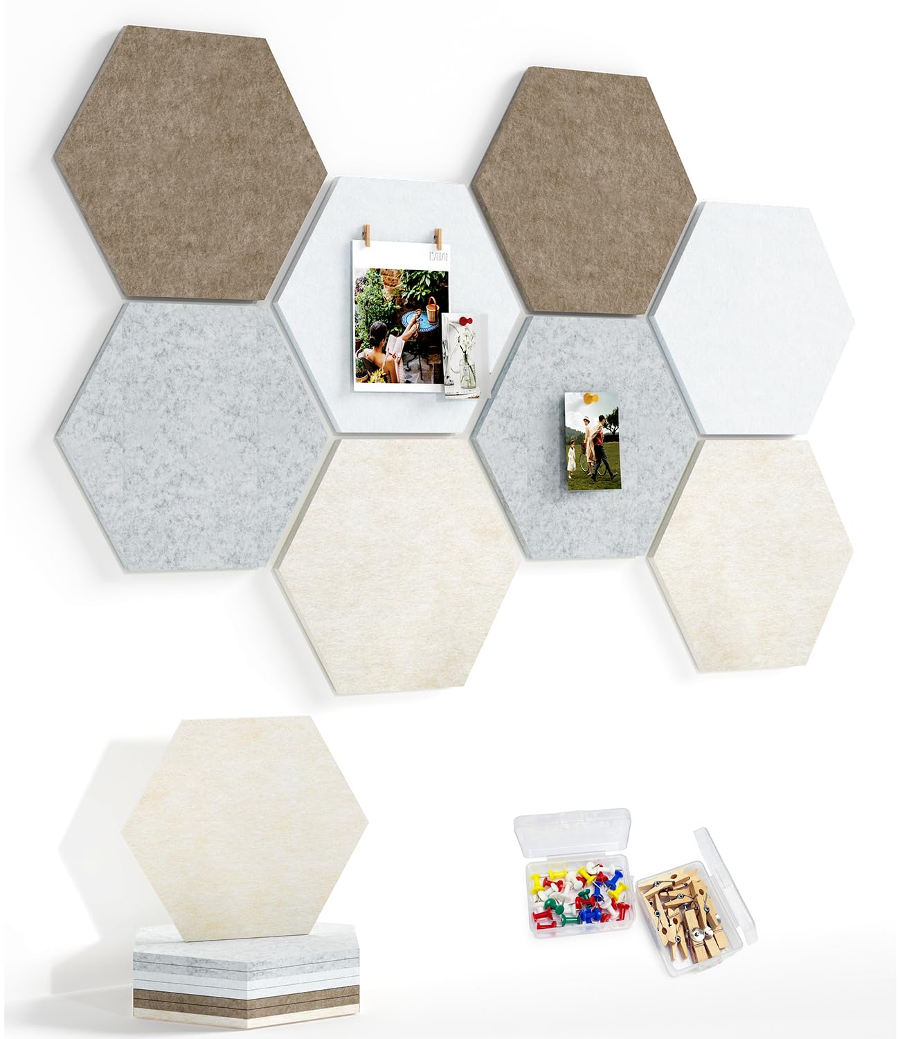 Uoisaiko 8 Pack Hexagon Felt Bulletin Board Tiles - 12" Large Thick Pin Board for Walls with 30 Push Pins, DIY Boards for Office Home School Decor, Aesthetic Hex Cork Board Alternative