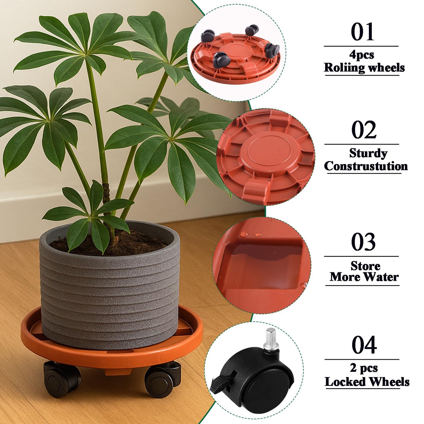 Tulpeed Rolling Plant Stand with Wheels 5 Pack 13 Inch Plant Caddy with Wheels Heavy Duty Plant Dolly Roller Base with Wheels Round Flower Pot Rack Holder Planter Trolley Tray, Red