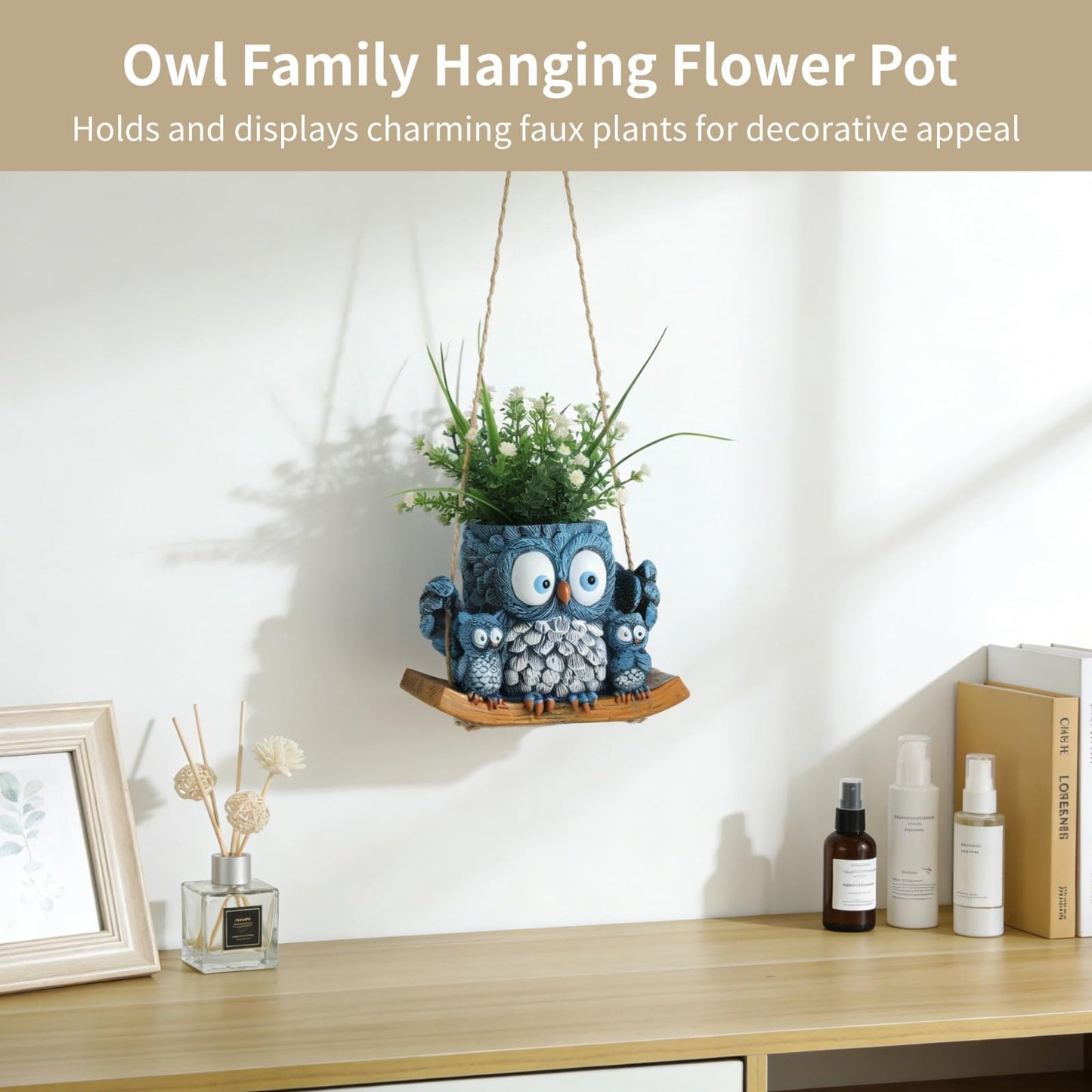 White Owl Family Hanging Flower Pot with Wooden Base, Cute Desktop Decor Ceramic Planter for Indoor Succulent Plants, Unique Hanging Bird Nest Pottery for Home Garden Wall Decor