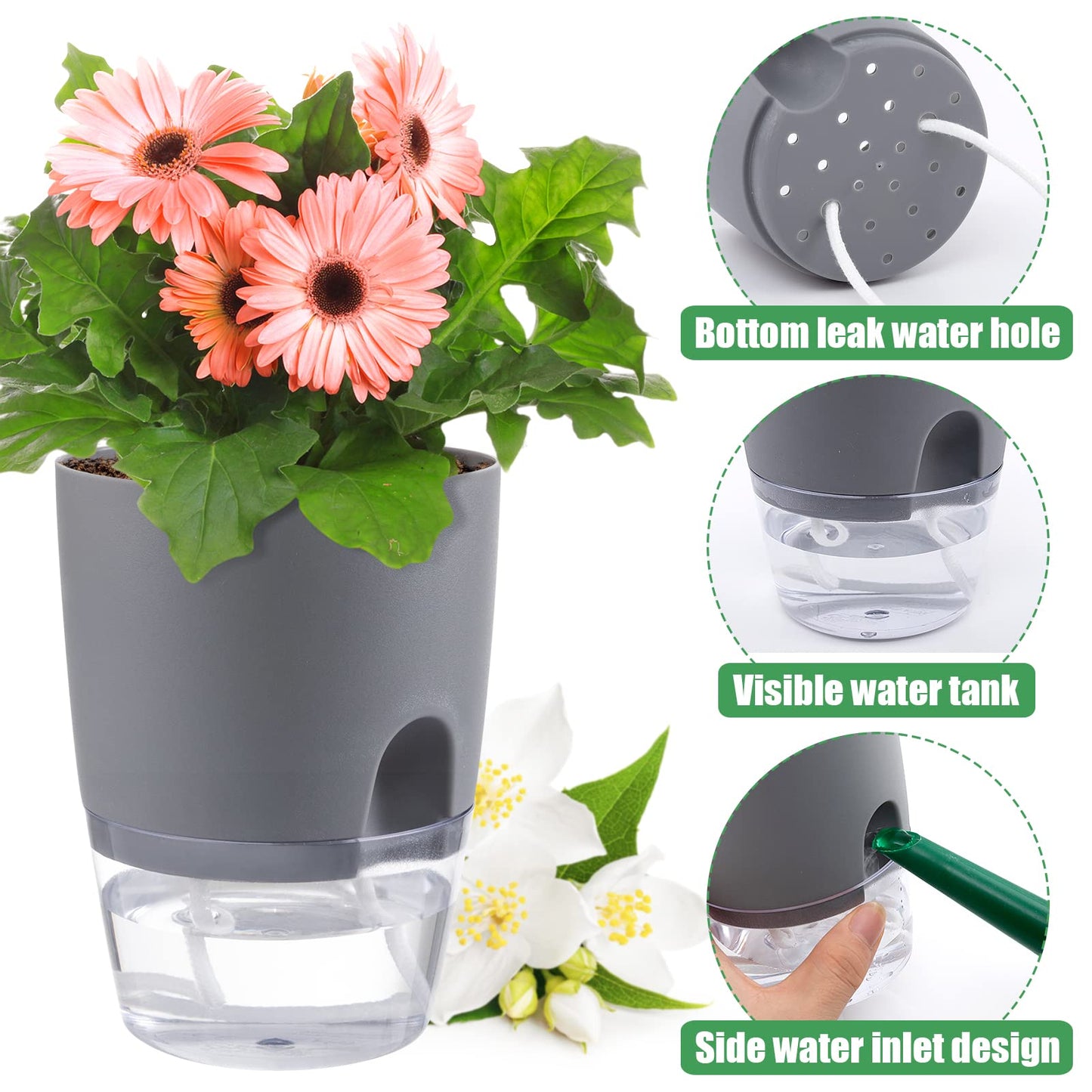 Aulock 6 pcs Self Watering Plant Pots - 4.1/3.2 in Plastic Planter with Drainage Holes, Flower Pots for African Violet, Mini Indoor Plants, Succulents, Herbs, Cactus, Basil, Grey