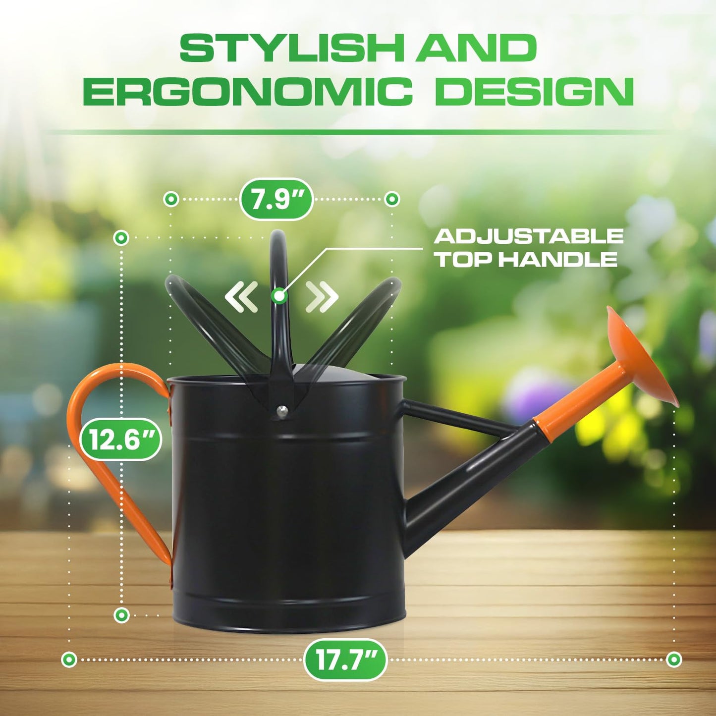 Plexon Metal Watering Can Outdoor 1 Gallon, Flower Plant Gardening Garden Large Watering Can Pot Pitcher, Steel Orange Handles and Removable Spray Spout, Black