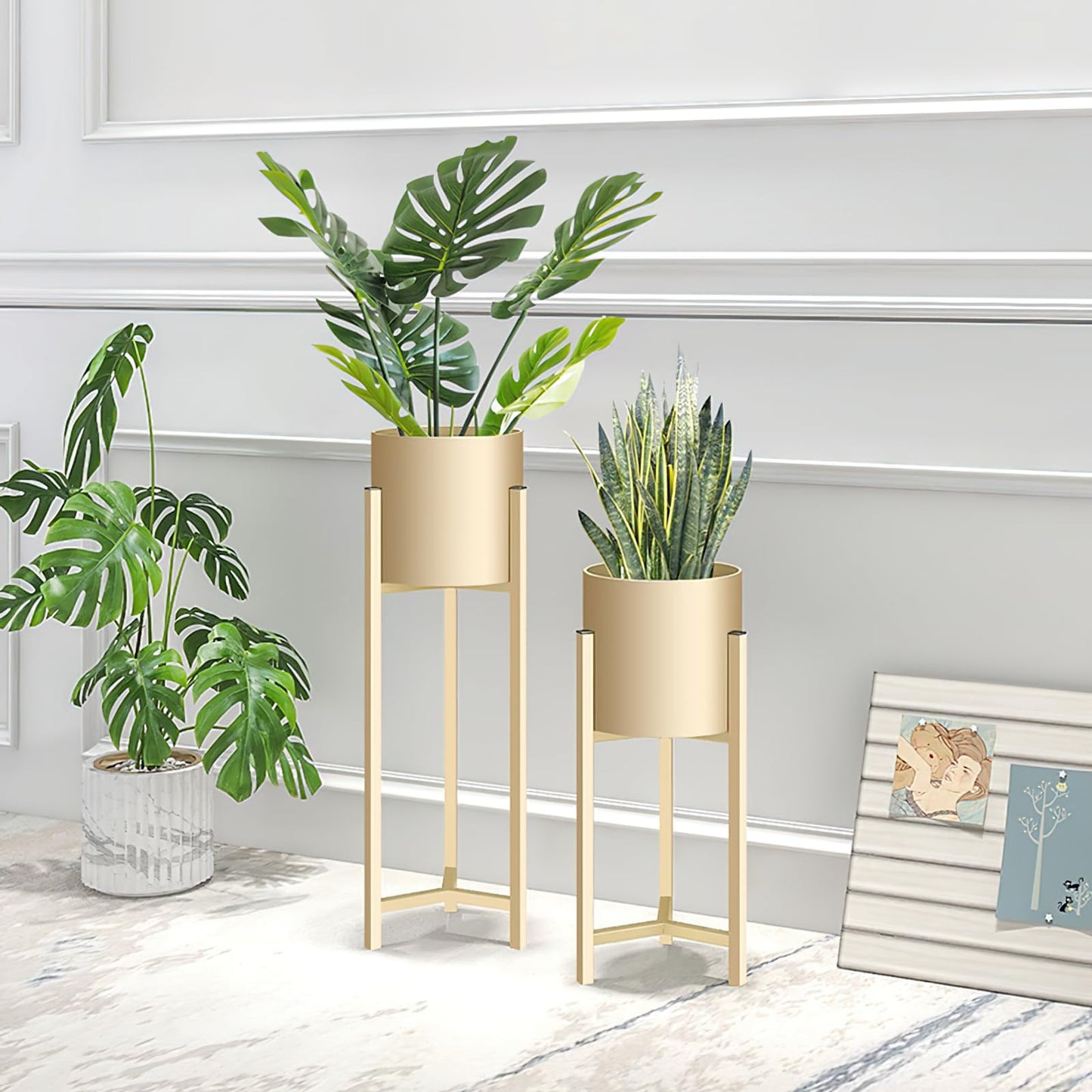 Myyixilau Gold Metal Plant Stand Set, Modern Minimalist Floor Standing Planter Holder with Cylindrical Pot, 3 Piece Indoor Decorative Flower Rack