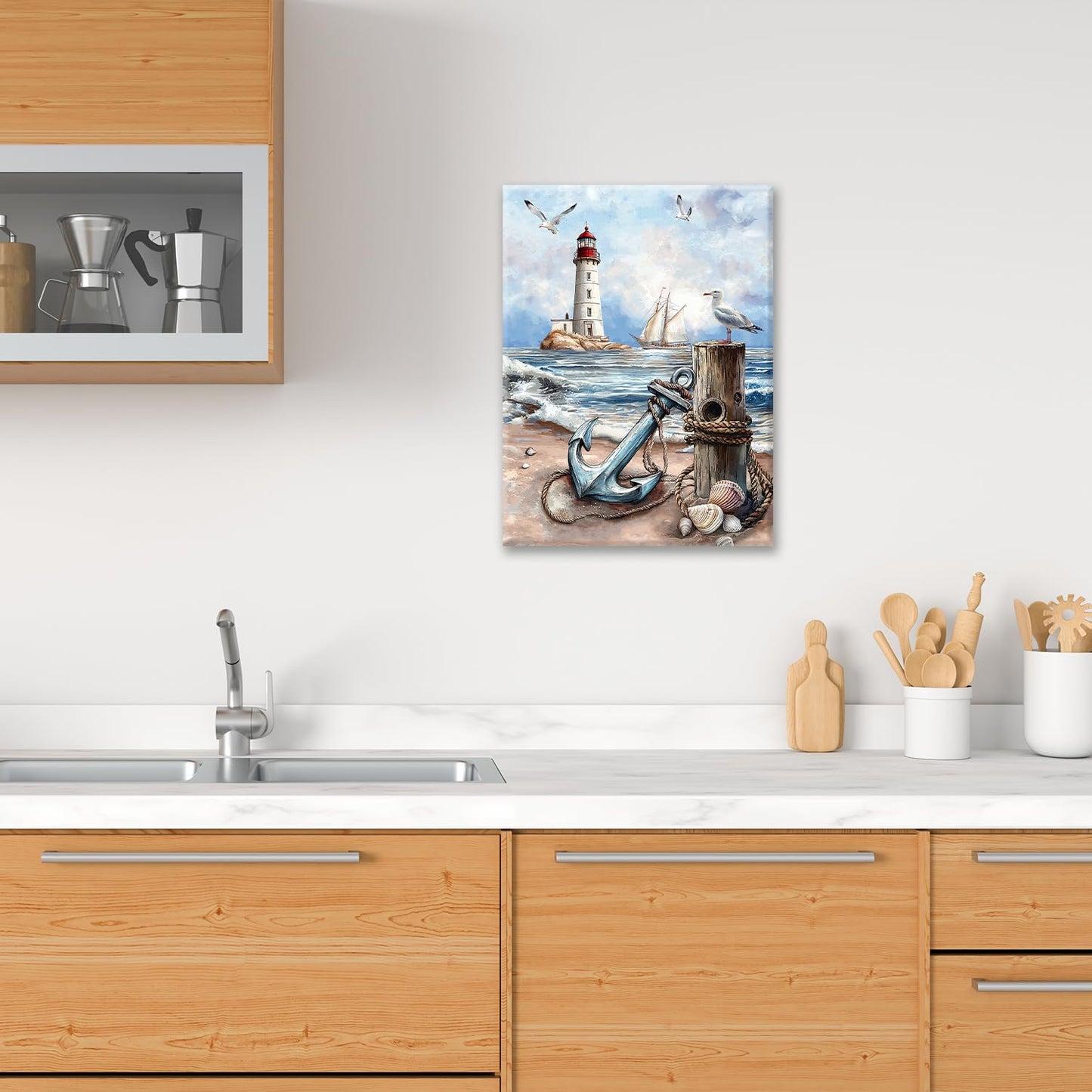 Nautical Wall Art Beach Lighthouse Anchor Pictures Wall Decor Coastal Canvas Prints Framed Paintings Artwork For Bathroom Kitchen Bedroom Dinning Room Living Room Office 12"x16"