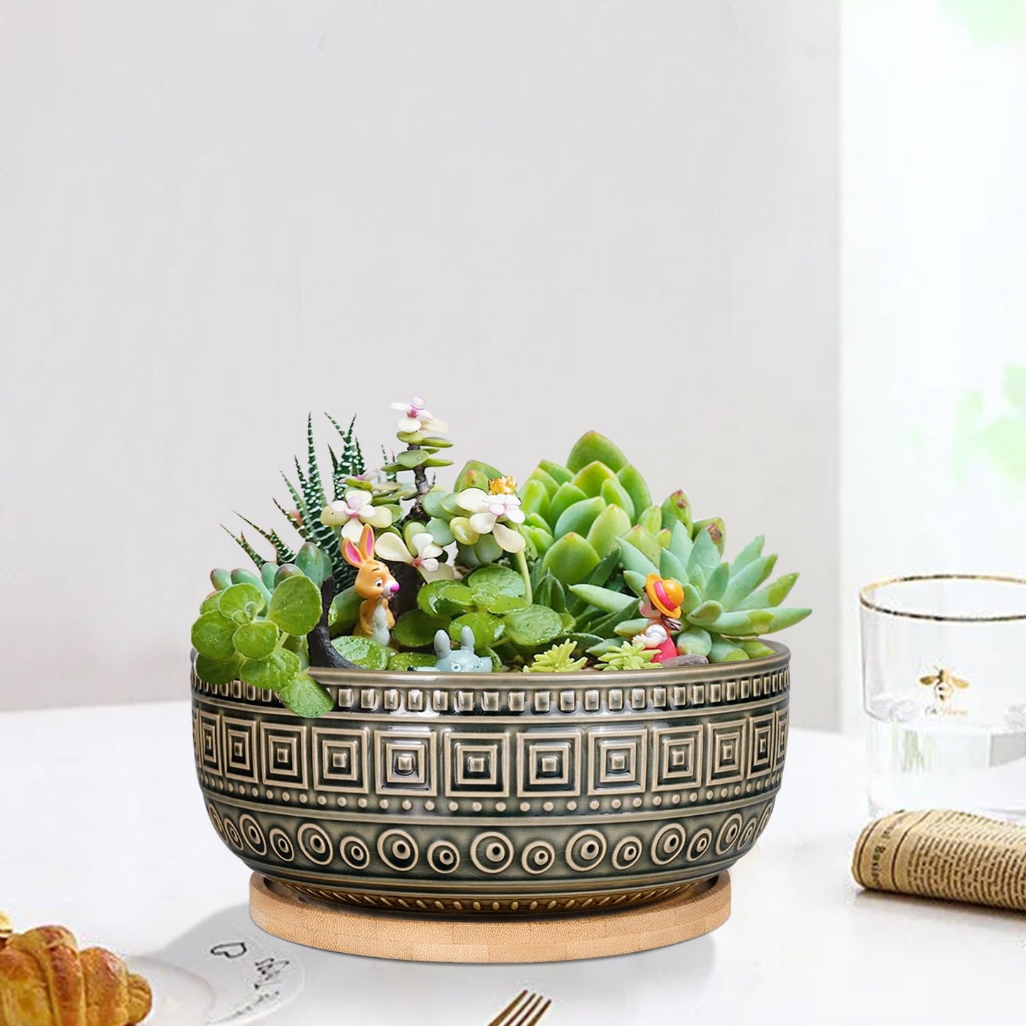 G EPGardening 8 Inch Ceramic Succulent Planter Pots Round Shallow Bonsai Planter Pot for Indoor Plants with Drainage and Bamboo Saucer Gray