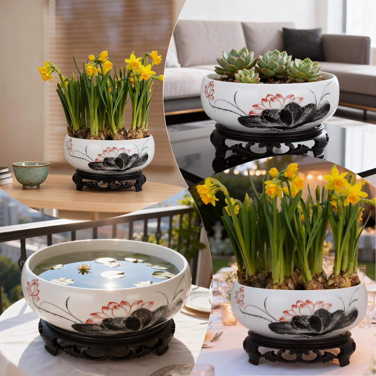 Gatuida Ceramic Bonsai Planter with Base, Hydroponic Flower Container, Water Lily Bowl, Lotus Planter for Home Decor, 6.69 x 2.75 x 4.13 Inch