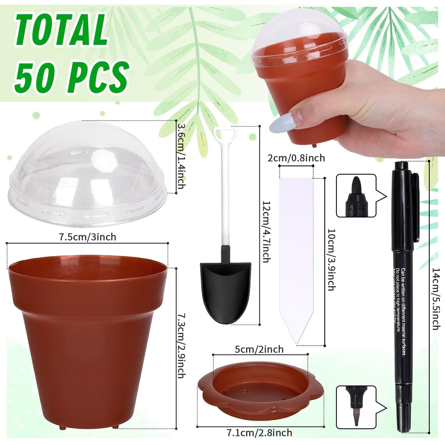 JarThenaAMCS 50 Set Cupcake Plant Nursery Pots with Humidity Dome Small Flower Pot Brown Plastic Gardening Container Cups with Saucers Shovel Plant Labels for Earth Day Seedling Plants Display