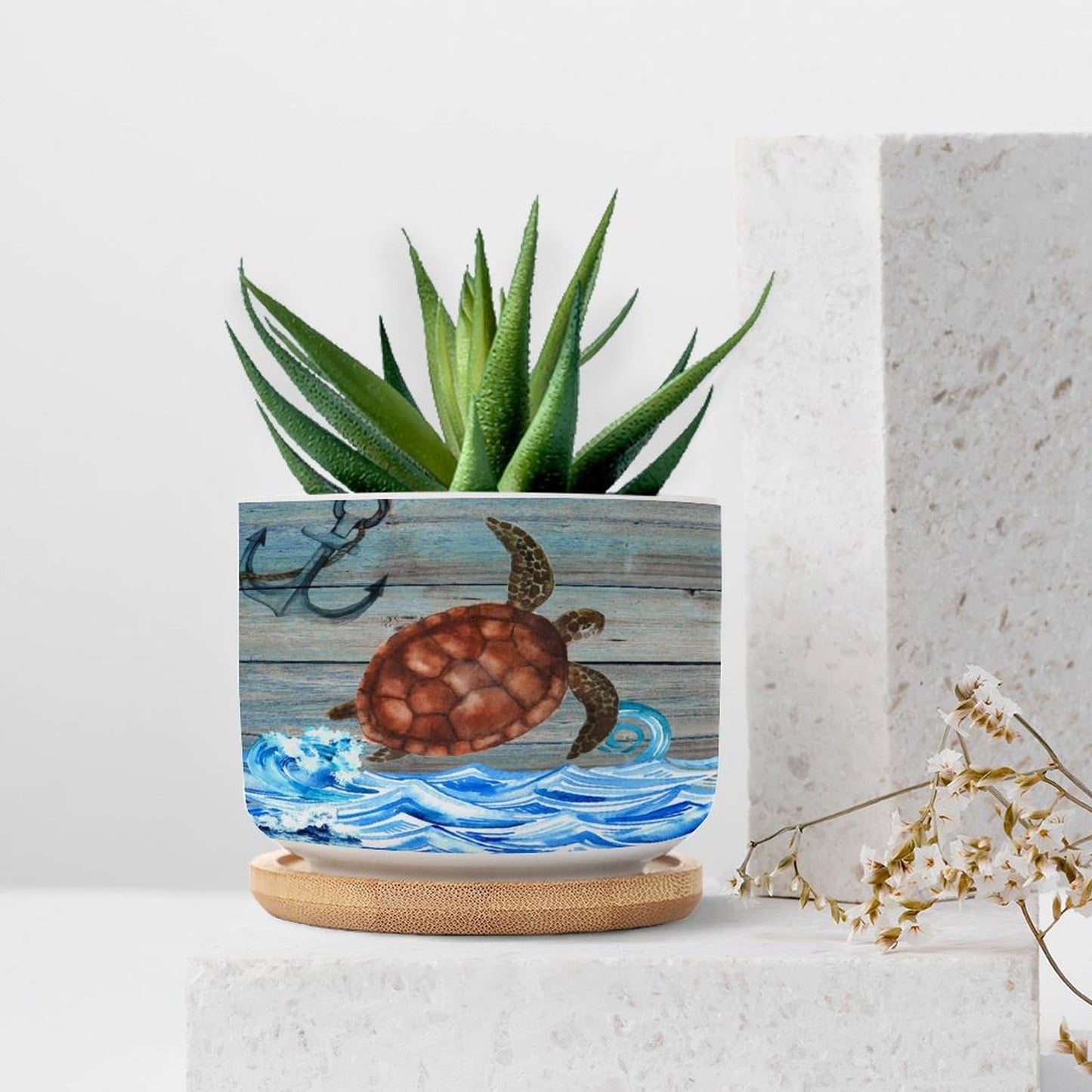DreamAutumn Ocean Theme Sea Turtle Ceramic Pots for Plants with Drainage Holes Round Flower Pot Bamboo Tray Orchid Pot Succulents Pots for Outdoor Indoor Plants,Housewarming Gifts