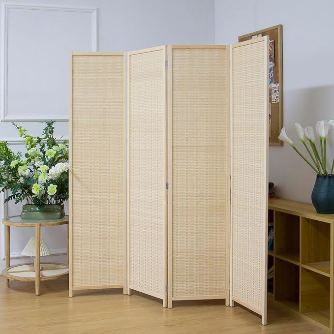 4 Panel Bamboo Room Divider Screen, 5.6 FT Tall Bamboo Divider Folding Privacy