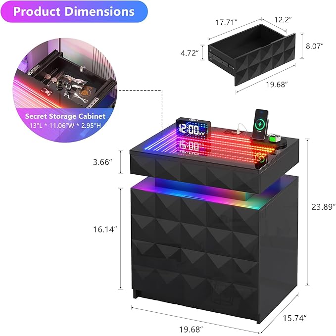 HWB Nightstand with RGB Lights, 3 Drawers Night Stand with Hidden Storage