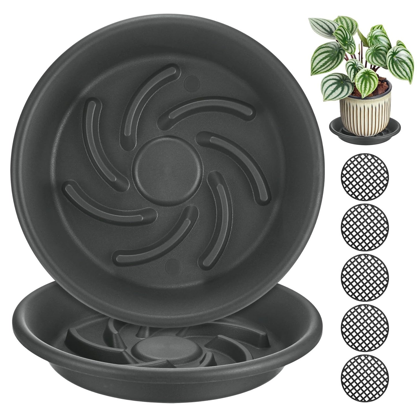 M METERXITY 2-Pack Plant Saucer, 6.5 Inch/ 16.5cm Plastic Plant Trays Thicker for Pots/Indoor/Outdoor/Water Drainage and Protection, Flowerpot Drip Tray [Grayish Black]