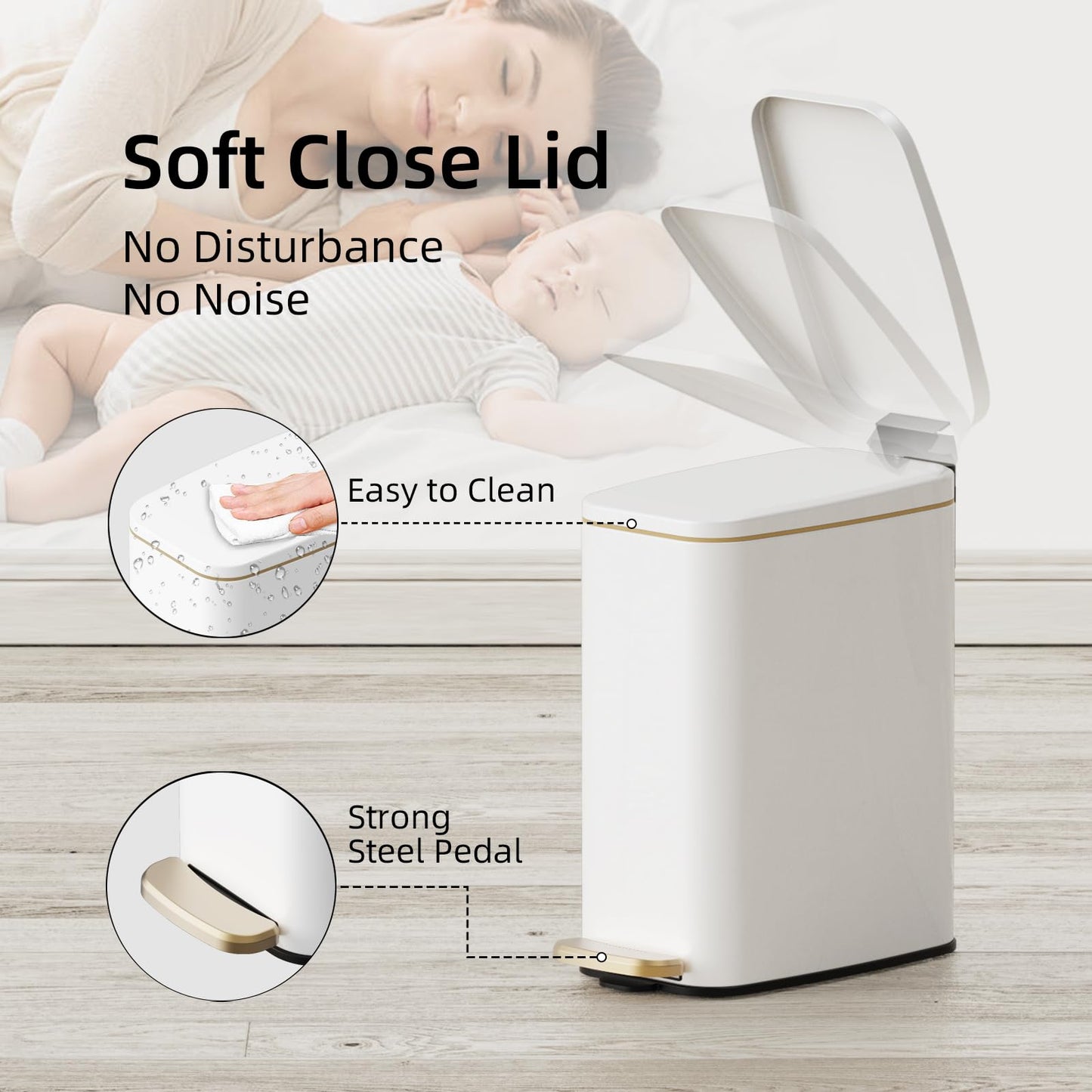 KUK Slim Bathroom Trash Can with Lid, 1.6 Gal / 6L Stainless Steel Small Garbage Bin with Detachable Inner Bucket, Step Pedal, Silent Close, Wastebasket for Toilet, Bedroom, Home, Office (White)