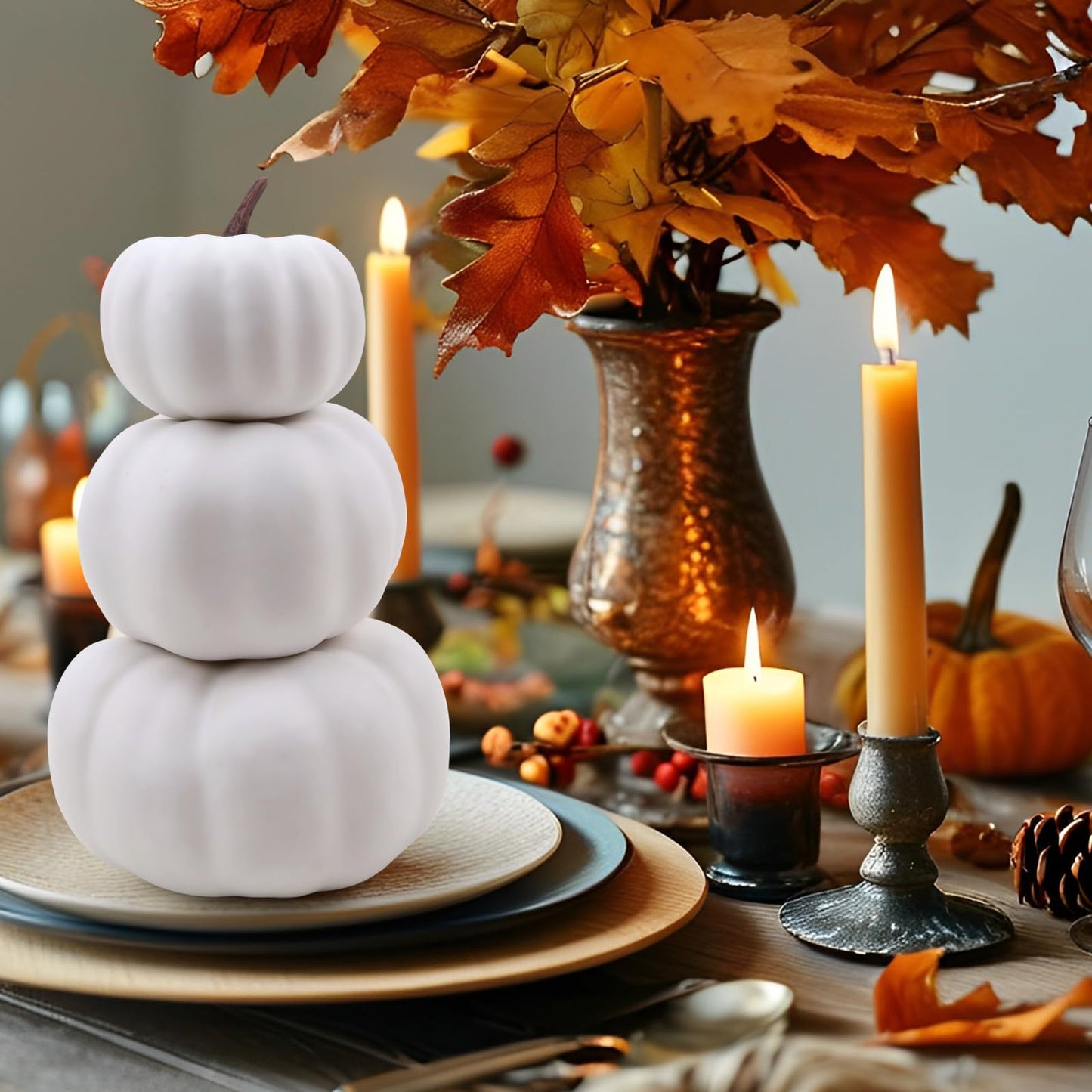 Gresorth 8 Inch Small Stacked White Pumpkins Tower Fake Artificial Halloween Decoration DIY Crafts Paintable Pumpkin for Home Party Table Kitchen Wedding Decorating - 1 Pcs