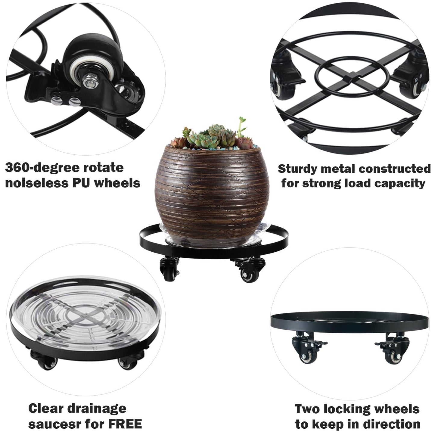2 Packs Extra-large Metal Plant Caddy 15 Inches Plant Dolly with Wheels Heavy-Duty Rolling Plant Stand with Casters for Indoor Outdoor Wheeled Plant Pot Mover Rollers, Black