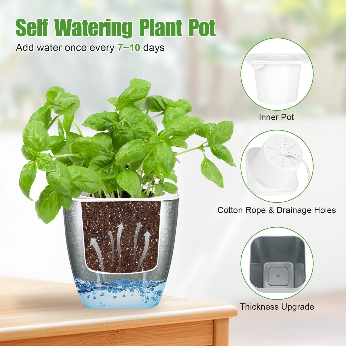 Oliz 8 Pack 4-inch Plant Pots Indoor Garden Decorative Flower pots Small Self-Watering Planters for Small Plants WindowSill Planters for Succulents, African Violets, Herbs(Sliver Black)
