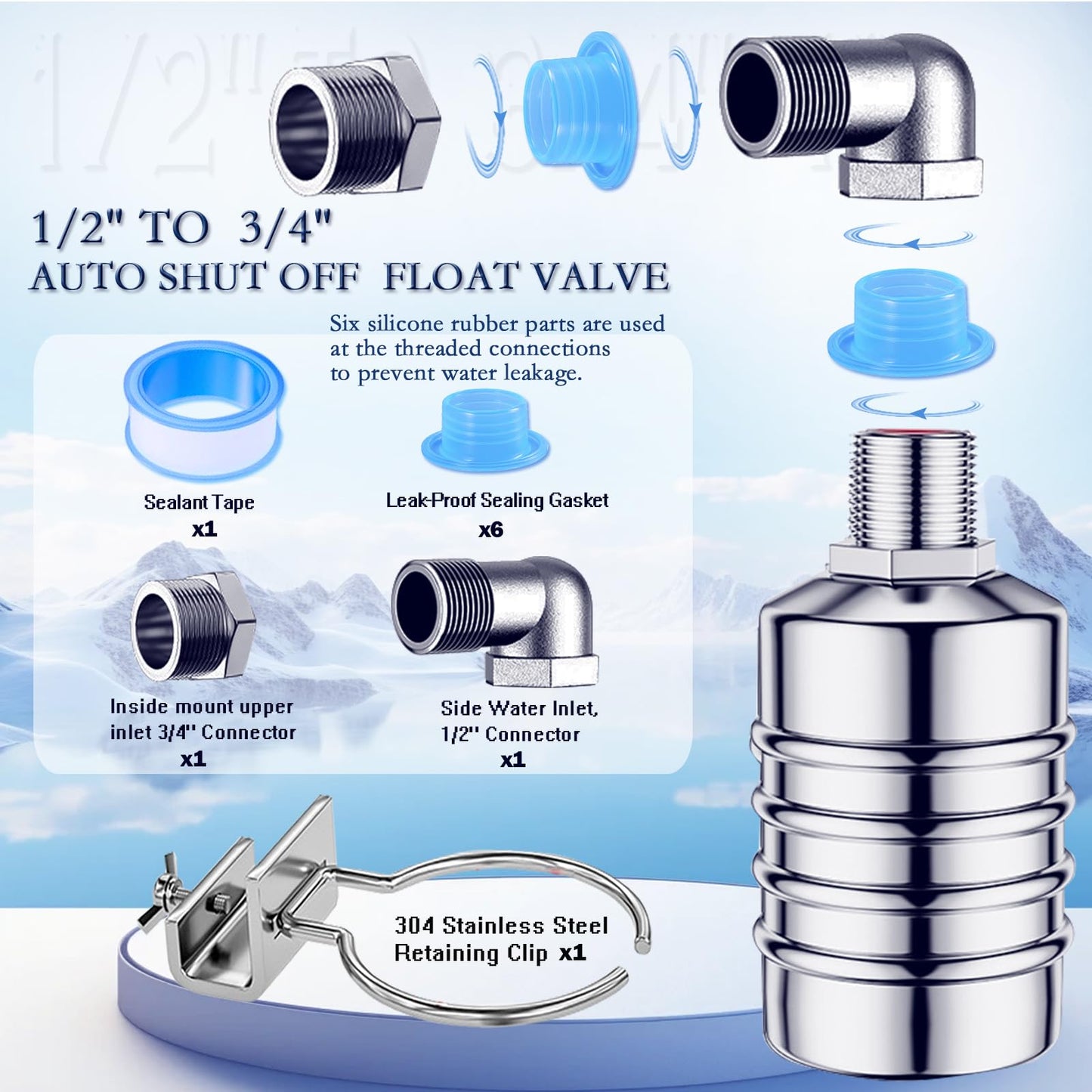 2PCS Float Valve,1/2" to 3/4'' water level control float valve, 304 Stainless Steel Fully Automatic water shut off valve, Automatic Water Level Controller for Water Tank, Pool, Livestock Troughs.