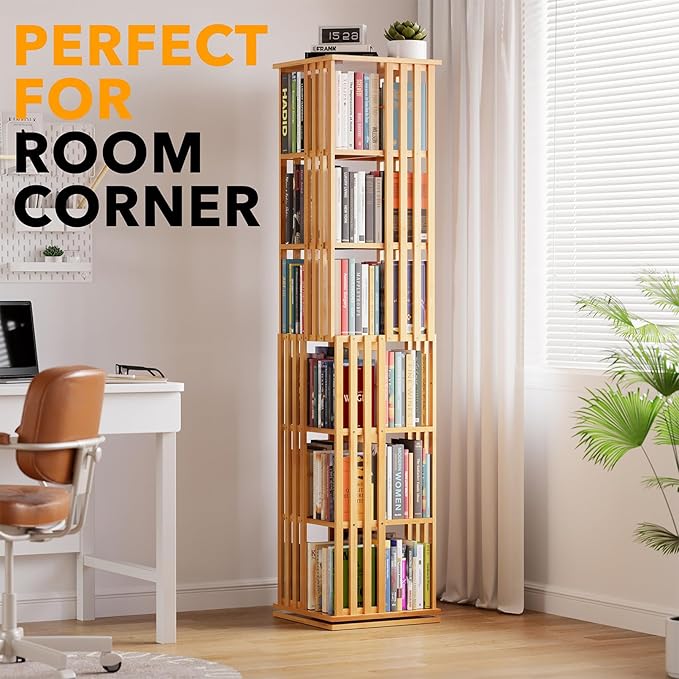SpaceAid 6 Tier Rotating Bookshelf Tower, Bamboo Spinning Book Shelf, Revolving
